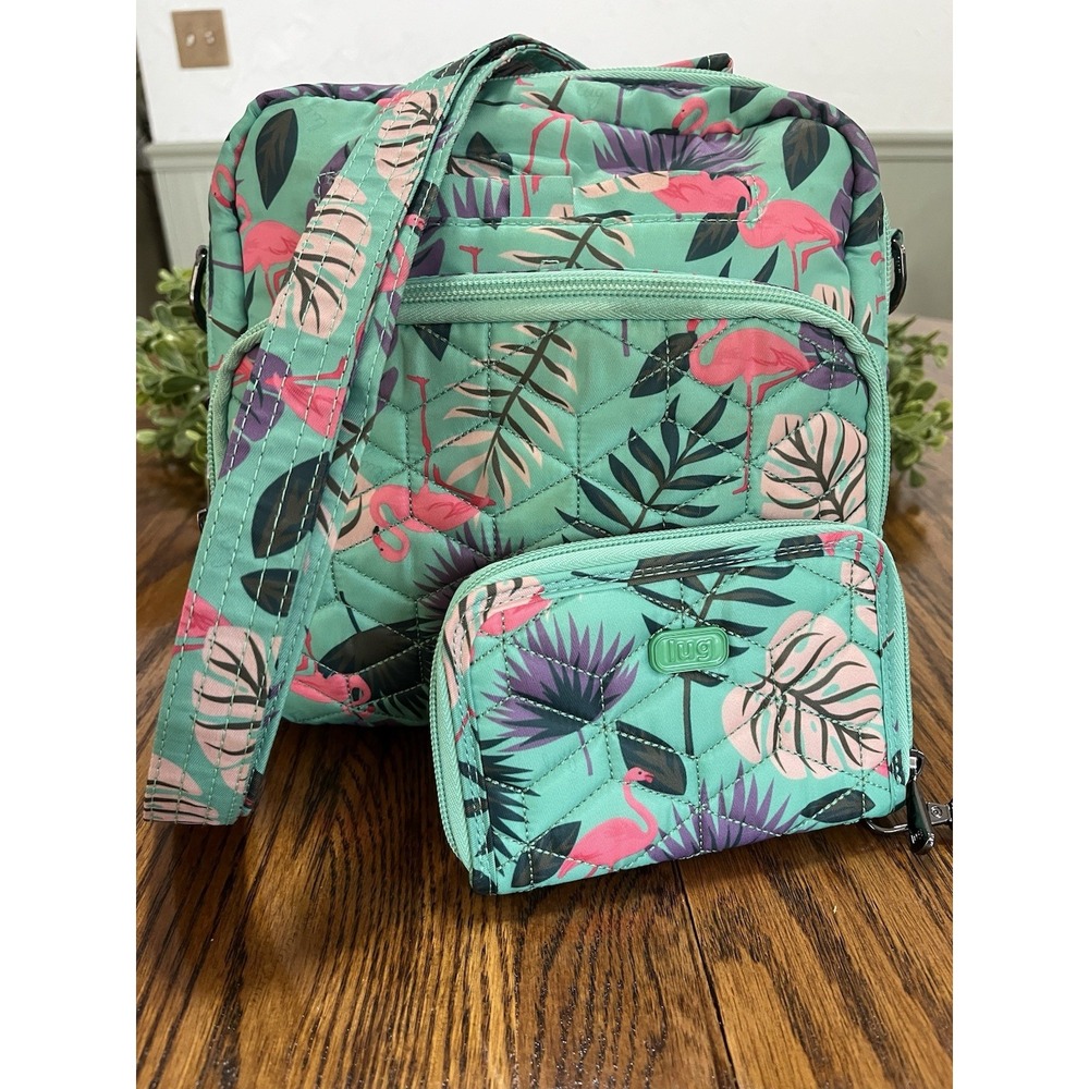 LUG PURSE BAG crossbody Straps AND Wallet SET Green Pink Flamingo Palm Tropical